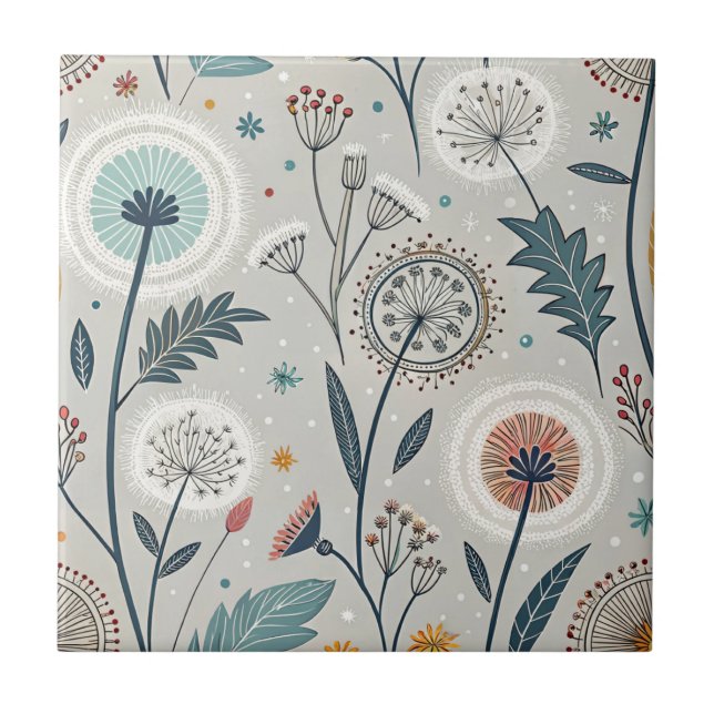 Whimsical Dandelion & Floral Folk Art Seamless Ceramic Tile (Front)