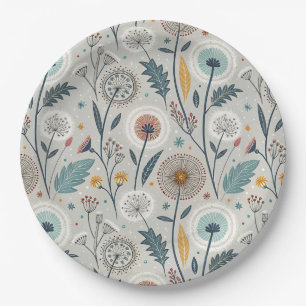 Whimsical Dandelion & Floral Folk Art Seamless Paper Plates