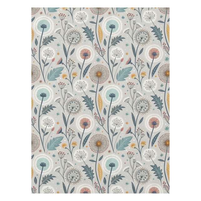 Whimsical Dandelion & Floral Folk Art Seamless Tablecloth (Front)