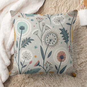 Whimsical Dandelion & Floral Folk Art Seamless Throw Pillow
