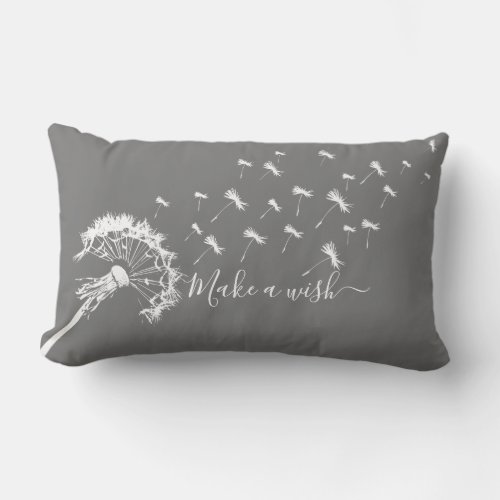 Whimsical Dandelion Make a Wish Grey White Lumbar Pillow