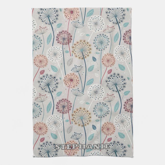 Whimsical Dandelion - Red, Yellow, White & Teal Kitchen Towel (Vertical)