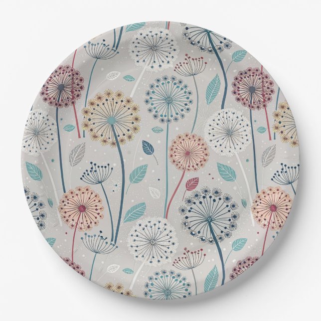 Whimsical Dandelion - Red, Yellow, White & Teal Paper Plates (Front)