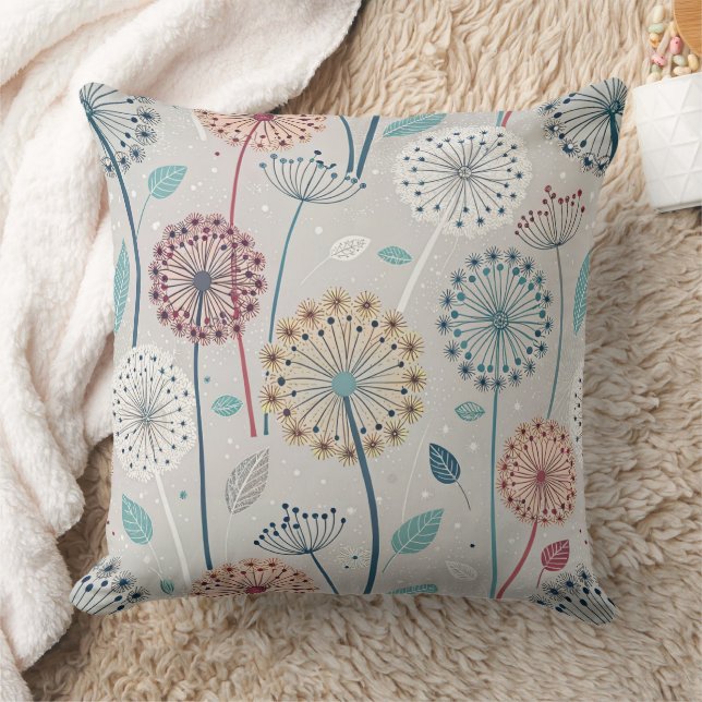 Whimsical Dandelion - Red, Yellow, White & Teal Throw Pillow (Blanket)