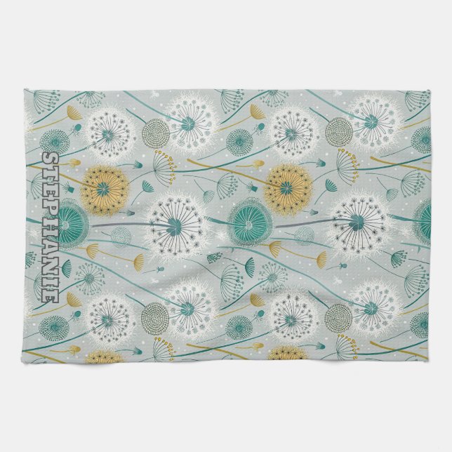 Whimsical Dandelion - Yellow, White & Teal Kitchen Towel (Horizontal)