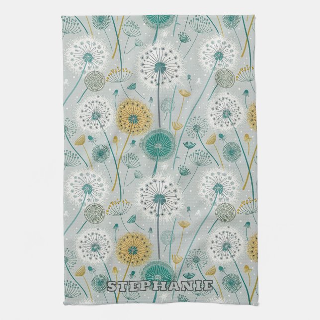 Whimsical Dandelion - Yellow, White & Teal Kitchen Towel (Vertical)