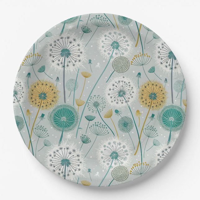 Whimsical Dandelion - Yellow, White & Teal Paper Plates (Front)