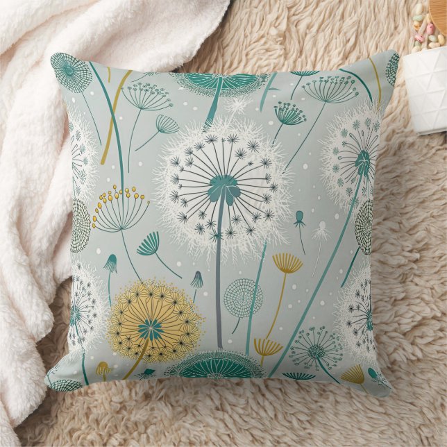 Whimsical Dandelion - Yellow, White & Teal Throw Pillow (Blanket)