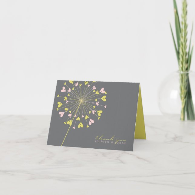 Whimsical Dandelions Love Hearts Summer Wedding Thank You Card (Front)