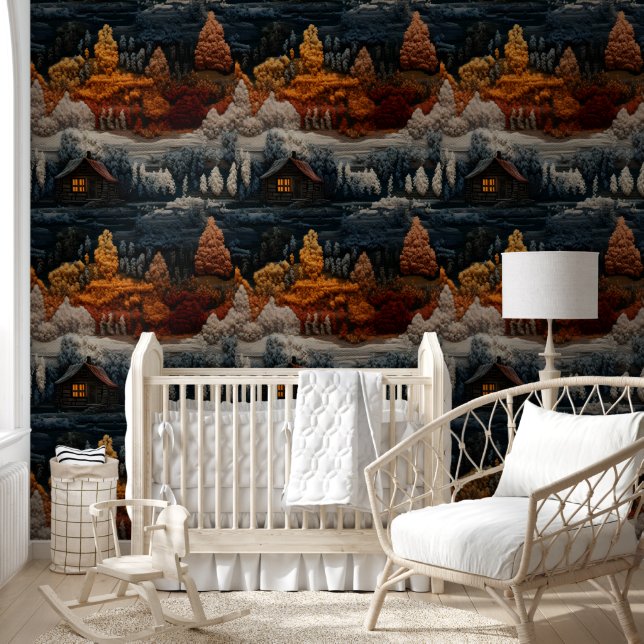 Whimsical Dark Autumn Cabin Woodland Wallpaper (Kids)