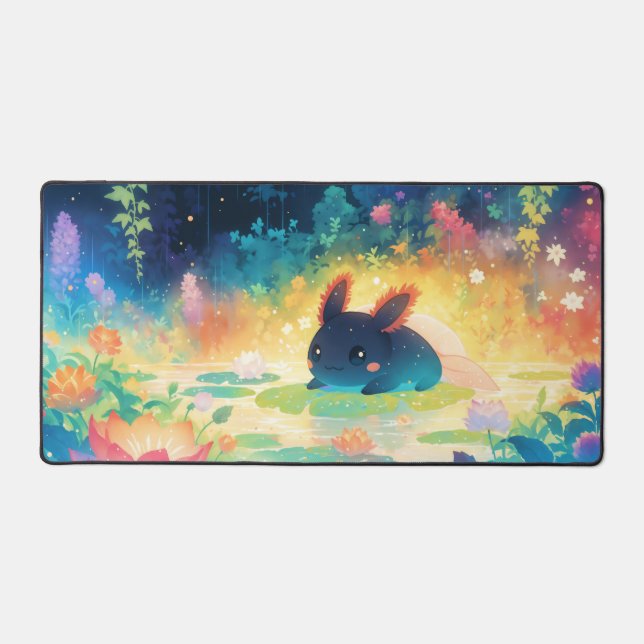 Whimsical Dark Axolotl Rainbow Forest Pond Desk Mat (Front)