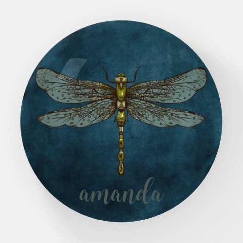 Whimsical Dark Blue Celestial Mystical Dragonfly  Paperweight