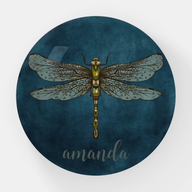 Whimsical Dark Blue Celestial Mystical Dragonfly  Paperweight (Front)