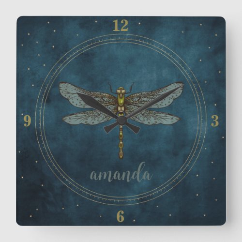 Whimsical Dark Blue Celestial Mystical Dragonfly  Square Wall Clock