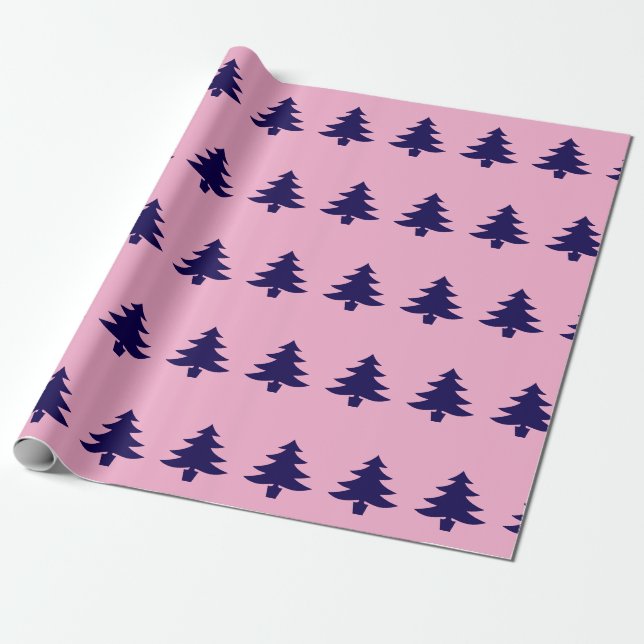 Whimsical Dark Blue Christmas Trees on Light Pink Wrapping Paper (Unrolled)