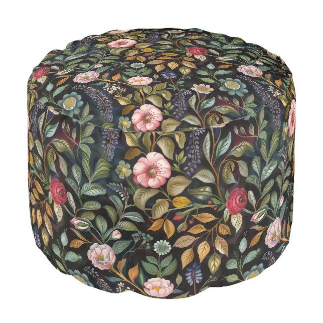 Whimsical Dark Floral Botanical Removable Pouf (Angled Front)