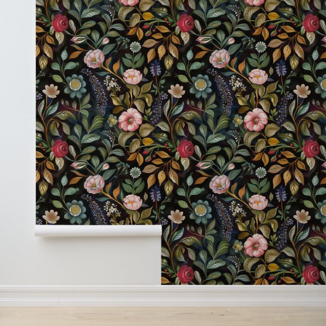 Whimsical Dark Floral Botanical Removable Wallpaper (Application)