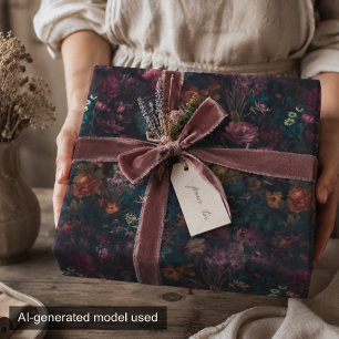 Whimsical Dark Moody Boho Floral Decoupage Wrapping Paper