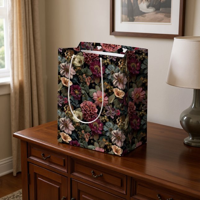 Whimsical Dark Moody Muted Pink and Green Floral  Medium Gift Bag (Creator Uploaded)