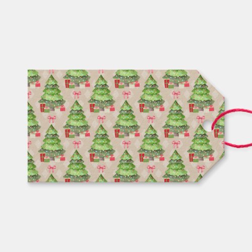 Whimsical Decorated Christmas Trees and Red Bows  Gift Tags