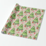 Whimsical Decorated Christmas Trees and Red Bows Wrapping Paper<br><div class="desc">Whimsical decorated Christmas trees have lots of presents around them. A red bow is in between each row of trees.  Background is a tan and light tan criss cross lattice work pattern. A fun,  festive wrapping paper for young and old alike.</div>