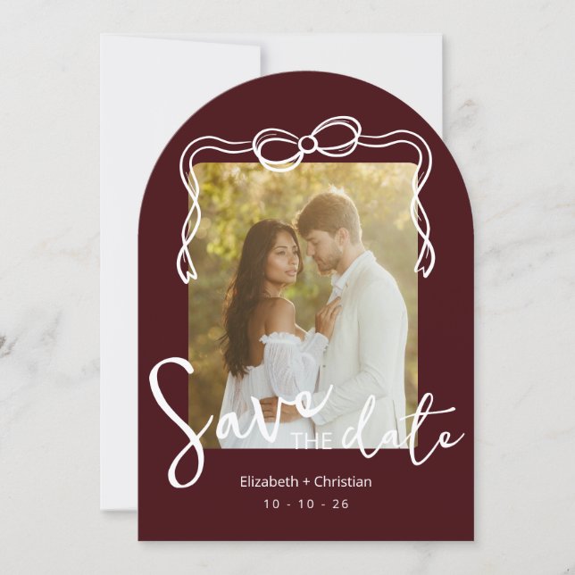 Whimsical Deep Burgundy Arched Photo Save the Date Invitation (Front)