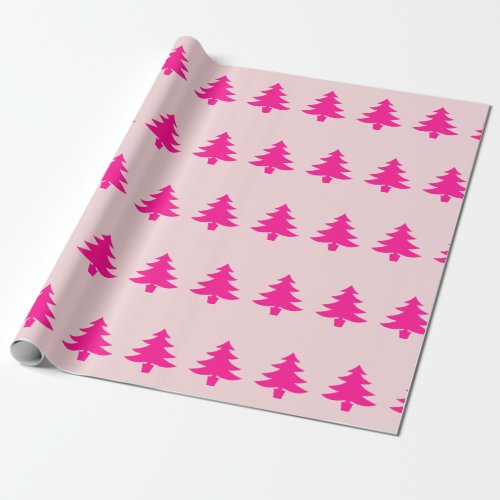 Whimsical Deep Pink Christmas Trees on Pale Pink Wrapping Paper