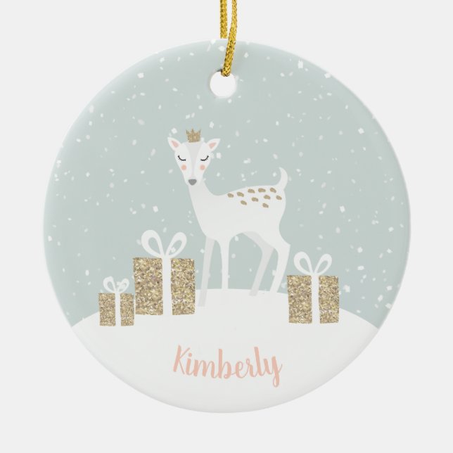 Whimsical Deer Christmas Ceramic Ornament (Front)