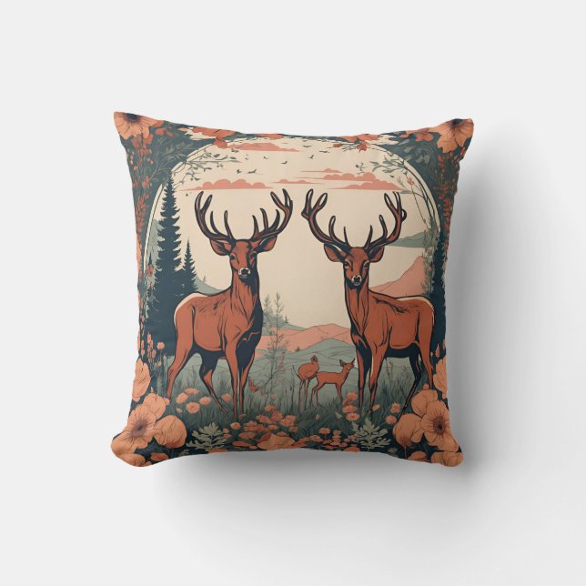 Whimsical Deer Grazing D9 Throw Pillow (Front)