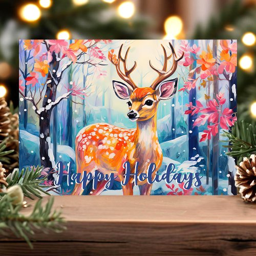 Whimsical Deer in Forest Cute Christmas Holiday Card