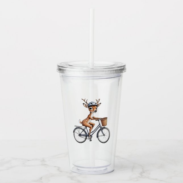 Whimsical Deer Riding a Bicycle – Hand-Drawn Acrylic Tumbler (Front)