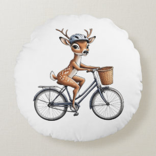 Whimsical Deer Riding a Bicycle – Hand-Drawn Round Pillow