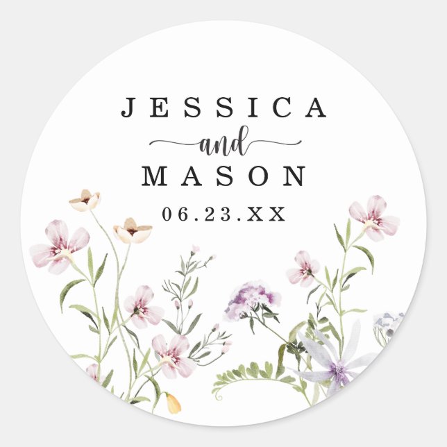 Whimsical Delicate Wildflower Wedding Favor Classi Classic Round Sticker (Front)