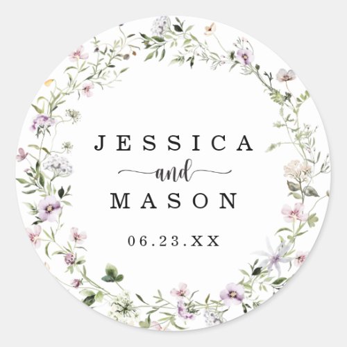 Whimsical Delicate Wildflower Wedding Favor Classic Round Sticker