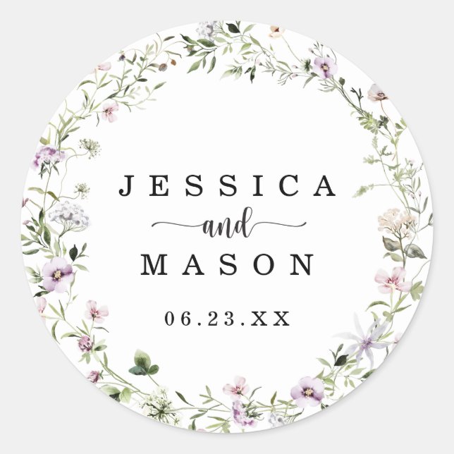 Whimsical Delicate Wildflower Wedding Favor Classic Round Sticker (Front)