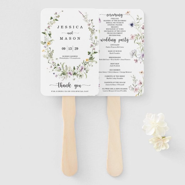 Whimsical Delicate Wildflower Wedding Program Fan (Front and Back)