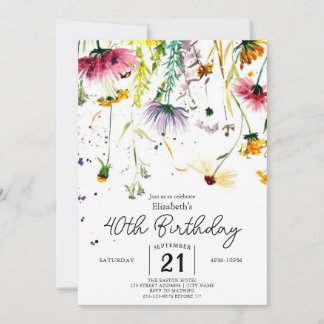 Whimsical Delicate Wildflowers 40th birthday Invitation