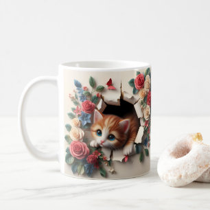 Whimsical Delight: 3D Kitten Hole in a Wall Floral Coffee Mug