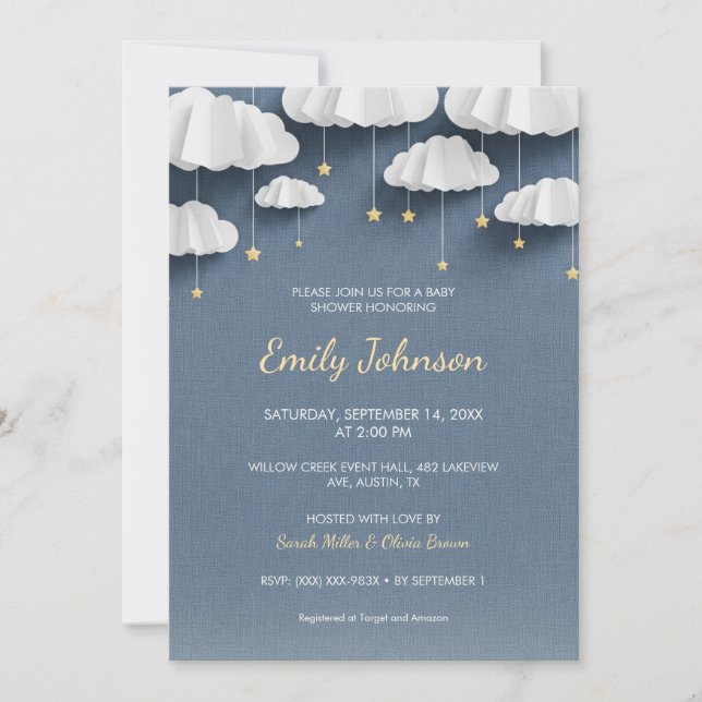 Whimsical Denim Blue Baby Shower Invitation Card (Front)