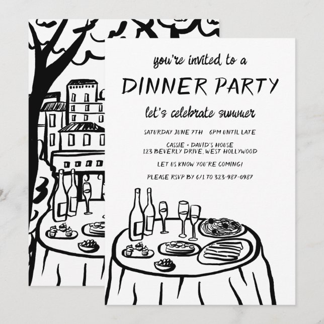 Whimsical Dinner Party Balcony Custom Hand-drawn Invitation (Front/Back)
