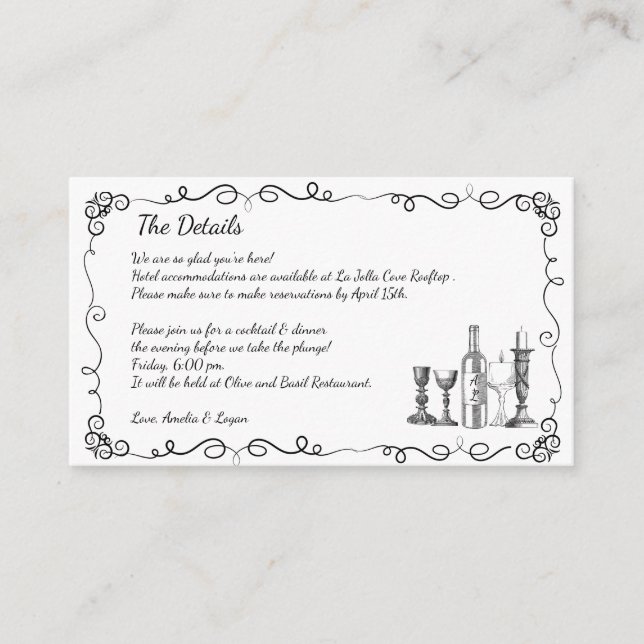 Whimsical Dinner Wedding Details Enclosure Card (Front)