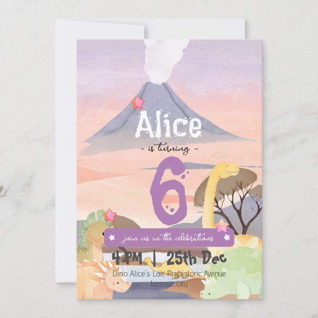 Whimsical Dinosaur Adventure 6th Birthday Party Invitation (Front)