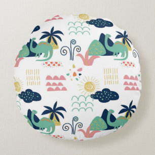 Whimsical Dinosaur Landscape Pattern Round Pillow