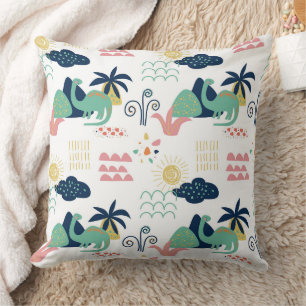 Whimsical Dinosaur Landscape Pattern Throw Pillow