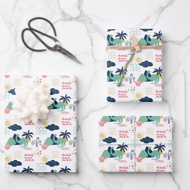 Whimsical Dinosaur Landscape Pattern Wrapping Paper Sheets (Front)