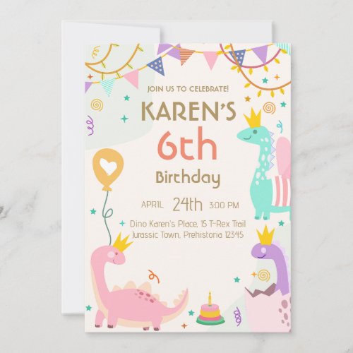 Whimsical Dinosaur Princess Birthday Invitation