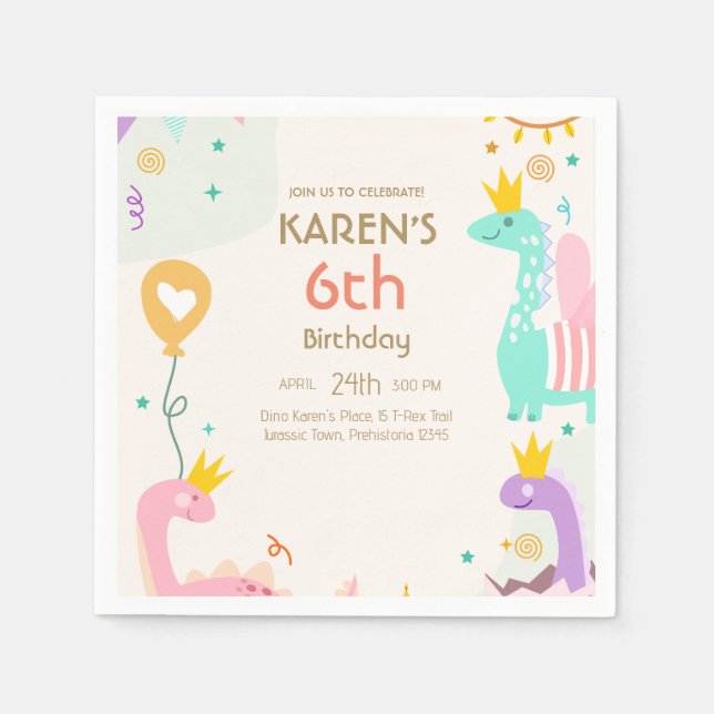 Whimsical Dinosaur Princess Birthday Napkins (Front)