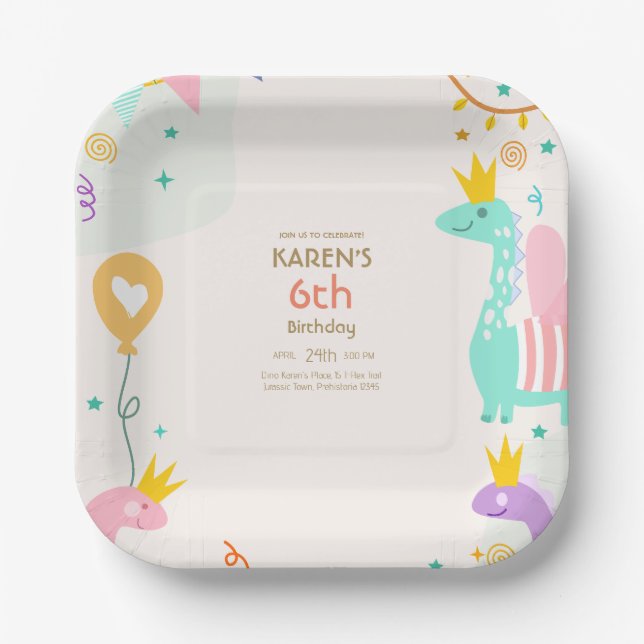 Whimsical Dinosaur Princess Birthday Paper Plates (Front)