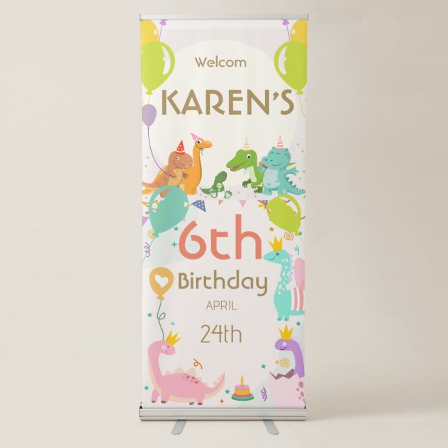 Whimsical Dinosaur Princess Birthday Retractable Banner (Front)