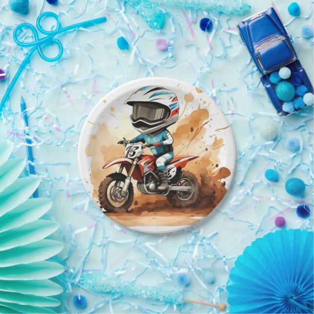 Whimsical Dirt Wheels Motorcycle Birthday Paper Plates (Party)